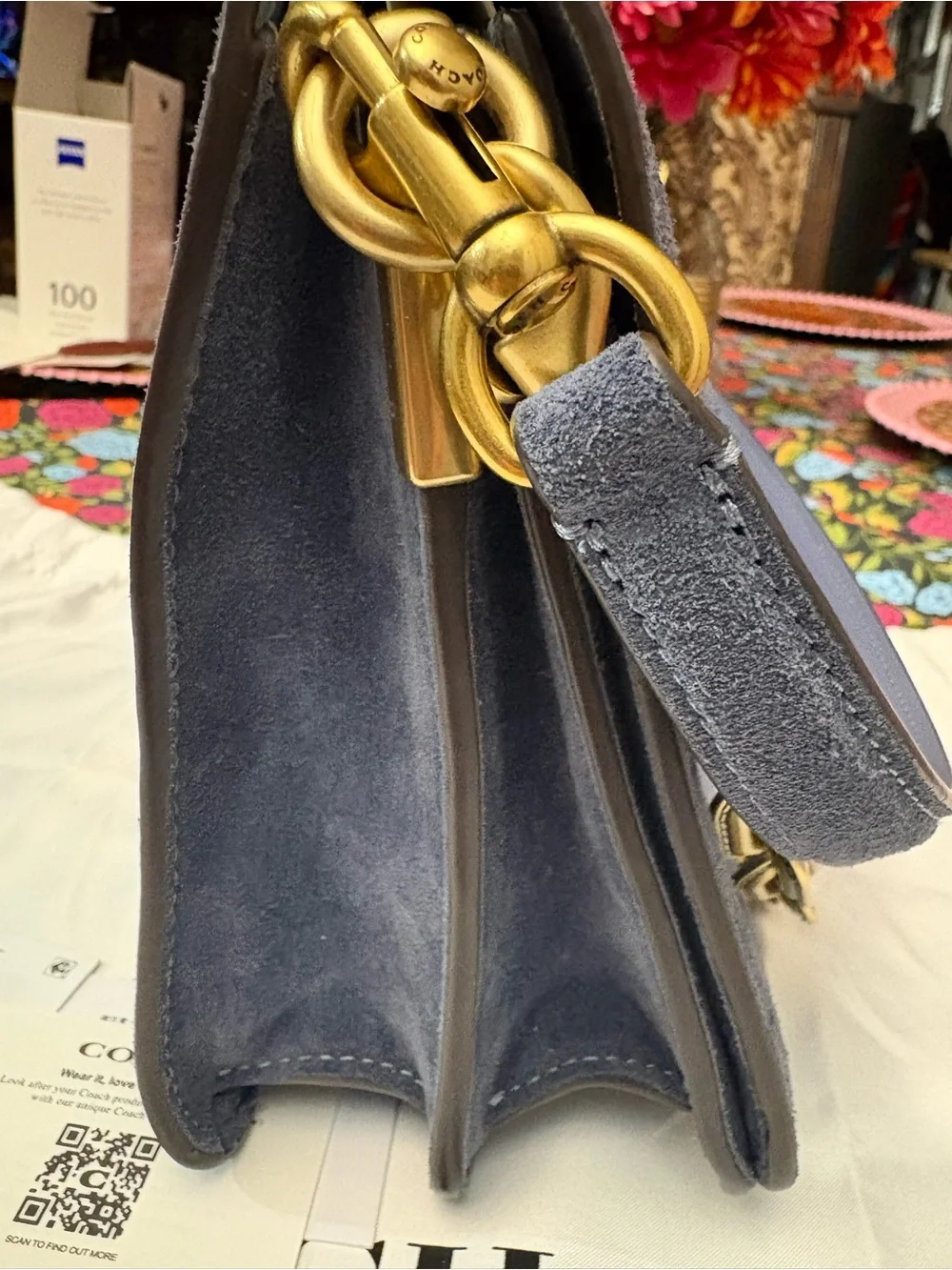 Coach Suede Chain Tabby Shoulder Bag in Navy with Gold Hardware